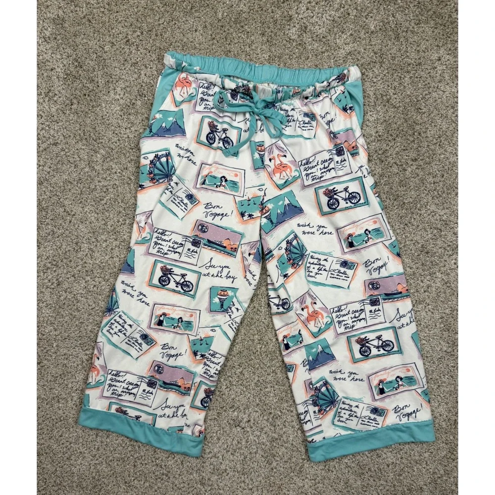 Munki Munki Womens Pajama Set L Blue Postcard Travel Print Button Top Crop Pants
